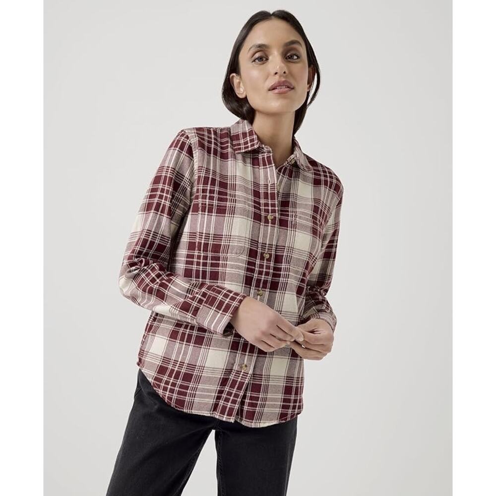 Pact‎ Organic Cotton Women's Flannel Button-Up Shirt | Cream Burgundy | SZ M